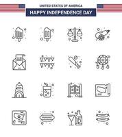 16 USA linje packa av oberoende dag tecken och symboler av hälsning e-post rättvisa vapen kanon redigerbar USA dag vektor design element