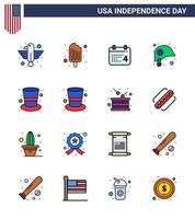 modern uppsättning av 16 platt fylld rader och symboler på USA oberoende dag sådan som amerikan skydd is grädde hjälm amerikan redigerbar USA dag vektor design element