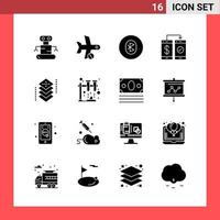 16 Icon-Pack-Glyphensymbole im soliden Stil auf weißem Hintergrund, einfache Zeichen für die allgemeine Gestaltung vektor