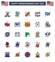 USA Lycklig oberoende dag piktogram uppsättning av 25 enkel platt fylld rader av förenad Karta varmkorv krans dekoration redigerbar USA dag vektor design element