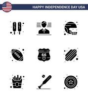 USA Lycklig oberoende dag piktogram uppsättning av 9 enkel fast glyfer av skydda amerikan boll hjälm sporter boll redigerbar USA dag vektor design element