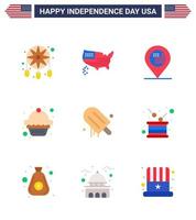 USA Lycklig oberoende dag piktogram uppsättning av 9 enkel flats av amerikan glass amerikan muffin kaka redigerbar USA dag vektor design element