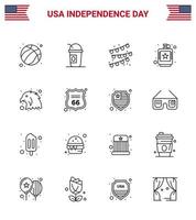 16 Usa-Linienpaket mit Zeichen und Symbolen des Unabhängigkeitstags von flüssigen Ammern des Vogels Hip-Drink editierbare Usa-Tag-Vektordesign-Elemente vektor