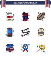 Happy Independence Day Pack mit 9 flach gefüllten Linien Zeichen und Symbole für Ammer Mobile Ball Smartphone Zelle editierbare Usa Day Vektor Design Elemente