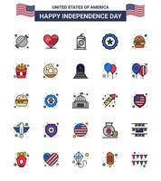 Usa Happy Independence DayPiktogrammsatz von 25 einfachen flachen gefüllten Linien von Burgerzeichen Flaggengetränk Usa editierbare Usa-Tag-Vektordesign-Elemente vektor