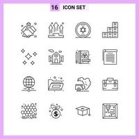 16 Symbole in Linienstil-Umrisssymbolen auf weißem Hintergrund kreative Vektorzeichen für Web-Mobile und Druck vektor