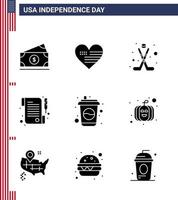 Usa Happy Independence Day Piktogrammsatz von 9 einfachen soliden Glyphen der Trinkflasche American Day Paper editierbare Usa Day Vektordesign-Elemente vektor