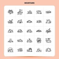 Umriss 25 Berge Icon Set Vektor Linienstil Design schwarze Icons Set lineares Piktogrammpaket Web und mobile Geschäftsideen entwerfen Vektorillustration