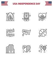Line-Pack mit 9 Usa-Unabhängigkeitstag-Symbolen von Party-Ammern mobile amerikanische Liebe editierbare Usa-Tag-Vektordesign-Elemente vektor