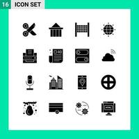 solides Glyphenpaket mit 16 universellen Symbolen der globalen editierbaren Vektordesign-Elemente der Bürodruckergerichtswelt vektor