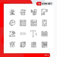 Stock Vector Icon Pack mit 16 Zeilenzeichen und Symbolen für die Analyse, Überwachung, Reparatur, Sicherheitskamera, editierbare Vektordesign-Elemente