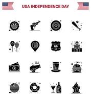 4:e juli USA Lycklig oberoende dag ikon symboler grupp av 16 modern fast glyfer av ballonger sporter män fladdermus boll redigerbar USA dag vektor design element