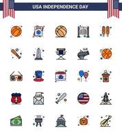 Flach gefüllte Linienpackung mit 25 Usa-Unabhängigkeitstag-Symbolen der Corn Dog Day Football Saloon Bar editierbare Usa-Tag-Vektordesign-Elemente vektor