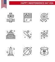 9 usa line pack von unabhängigkeitstag zeichen und symbolen des baseballs weiß unabhängigkeit wahrzeichen gebäude editierbare usa tag vektor design elemente