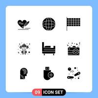 Stock Vector Icon Pack mit 9 Zeilen Zeichen und Symbolen für Herz Bett Zimmer Flagge Bett Blume editierbare Vektordesign-Elemente