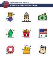 Happy Independence Day Pack mit 9 flach gefüllten Linien Zeichen und Symbole für Pommes schnelles Geld Wüstenblume editierbare usa-Tag-Vektordesign-Elemente vektor