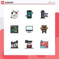 9 thematische Vektor-Fülllinien-Flachfarben und editierbare Symbole von Computerdesign-Kino-Webrollen-editierbaren Vektordesign-Elementen vektor