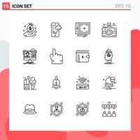Stock Vector Icon Pack mit 16 Zeilenzeichen und Symbolen für Tutorials Mediencodierung Kommunikation Programmierung editierbare Vektordesign-Elemente