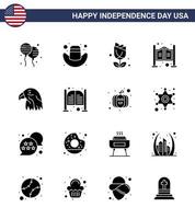 glücklicher unabhängigkeitstag usa paket mit 16 kreativen soliden glyphen des adlertiers imerikanischer westlicher haushalt editierbare usa-tag-vektordesignelemente vektor