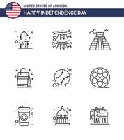 Usa Happy Independence DayPiktogrammsatz aus 9 einfachen Linien amerikanischer Usa-Girlandenhandtasche Usa editierbare Usa-Tag-Vektordesign-Elemente vektor