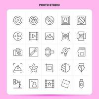 Umriss 25 Fotostudio Icon Set Vektor Linienstil Design schwarze Icons Set lineare Piktogramm Pack Web und mobile Geschäftsideen Design Vektor Illustration