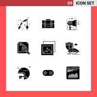 solides Glyphenpaket mit 9 universellen Symbolen für bearbeitbare Vektordesign-Elemente der Albumseiten-Suchankündigungswebseite vektor