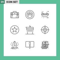 Stock Vector Icon Pack mit 9 Zeilen Zeichen und Symbolen für Ziel Essen süß getan Stern editierbare Vektordesign-Elemente