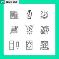 Packung mit 9 Linienstil-Icon-Set Gliederungssymbolen für den Druck kreative Schilder isoliert auf weißem Hintergrund vektor