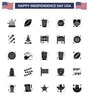 Aktienvektor-Symbolpaket des amerikanischen Tages 25 solide Glyphenzeichen und -symbole zum Feiern, Liebesgetränk, Herzmahlzeit, bearbeitbare Designelemente für den Vektor des US-Tages