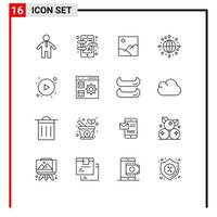 Stock Vector Icon Pack mit 16 Zeilenzeichen und Symbolen für App-Play-Galerie Pfeile Globus editierbare Vektordesign-Elemente