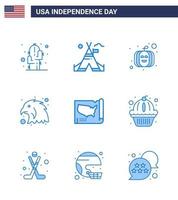 Lycklig oberoende dag packa av 9 blues tecken och symboler för USA stater amerikan Karta fågel redigerbar USA dag vektor design element