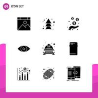 Stock Vector Icon Pack mit 9 Zeilen Zeichen und Symbolen für Cap Eye Dollar Design App editierbare Vektordesign-Elemente