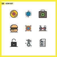9 universell fylld linje platt Färg tecken symboler av mat matlagning internet burger medicinsk redigerbar vektor design element