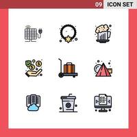 Stock Vector Icon Pack mit 9 Zeilen Zeichen und Symbolen für Gepäcksicherheit Anhänger Geldfeier editierbare Vektordesign-Elemente