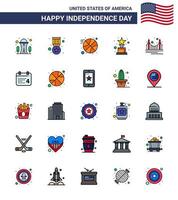 25 USA platt fylld linje tecken oberoende dag firande symboler av landmärke Port basketboll bro tilldela redigerbar USA dag vektor design element