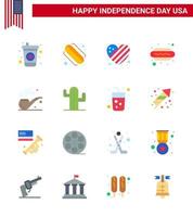 Happy Independence Day Pack mit 16 flachen Zeichen und Symbolen für Kaktusrauchherzpfeife Lebensmittel editierbare usa-Tag-Vektordesign-Elemente vektor