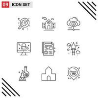 Stock-Vektor-Icon-Pack mit 9 Zeilenzeichen und Symbolen für Estate Lock Vision Screen dmca-Schutz editierbare Vektordesign-Elemente vektor