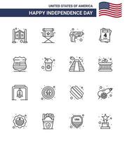 Line Pack von 16 Usa-Unabhängigkeitstag-Symbolen von Zeichen, Hochzeit, Fernsehen, Liebeswaffe, editierbare Usa-Tag-Vektordesign-Elemente