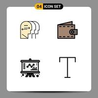 moderner Satz von 4 gefüllten flachen Farben Piktogramm von Persönlichkeitsdiagramm Kopf Geldbörsenverwaltung editierbare Vektordesign-Elemente vektor