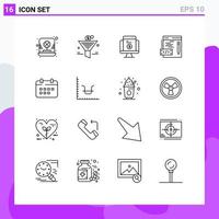Mobile Interface Gliederungssatz von 16 Piktogrammen der Kalenderprogrammierung Return on Investment Coding E-Commerce editierbare Vektordesign-Elemente vektor