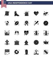 Happy Independence Day Pack mit 25 soliden Glyphen-Zeichen und Symbolen für Kriegsarmee-Geld-Flaggen-Liebe editierbare usa-Tag-Vektordesign-Elemente vektor