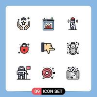 Satz von 9 kommerziellen Filledline-Flachfarbpaketen für Daumen nach unten Einkaufsdiagramm Security Tower editierbare Vektordesign-Elemente vektor