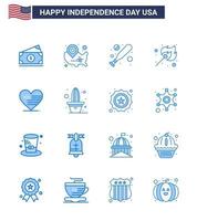 Happy Independence Day Pack mit 16 Blues-Zeichen und Symbolen für die Liebe im Freien, Pin-Match, Camping, editierbare Vektordesign-Elemente für den Tag der USA vektor