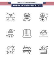 4. juli usa glücklicher unabhängigkeitstag symbol symbole gruppe von 9 modernen linien von usa cap kite hat bbq editierbare usa tag vektor design elemente