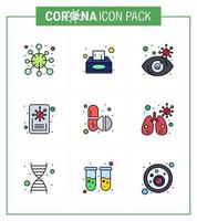 Corona-Virus-Krankheit 9 gefüllte Linie flache Farbe Icon Pack saugen als Pillen Virus Tissue Box Bericht virusinfiziertes virales Coronavirus 2019nov Krankheitsvektor-Designelemente vektor
