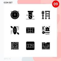 9 solides Glyphenkonzept für mobile Websites und Apps. Eigentumshausschlüssel Station Tennisreise editierbare Vektordesign-Elemente vektor