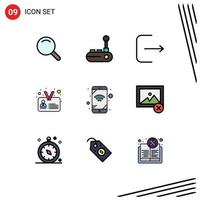 Stock Vector Icon Pack mit 9 Zeilenzeichen und Symbolen zum Löschen von Netzwerk-Multimedia-Mobilidentität editierbare Vektordesign-Elemente