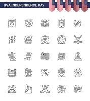 Lycklig oberoende dag 4:e juli uppsättning av 25 rader amerikan pictograph av festival brand arbete landmärke irland telefon redigerbar USA dag vektor design element