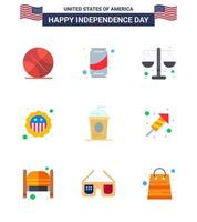 Happy Independence Day Pack mit 9 flachen Zeichen und Symbolen für Cole Flag Court Badge American Editable Usa Day Vector Design Elements