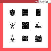 Stock Vector Icon Pack mit 9 Zeilen Zeichen und Symbolen für die elektrische Fitness-Steuerung Fitness Leichtathletik editierbare Vektordesign-Elemente